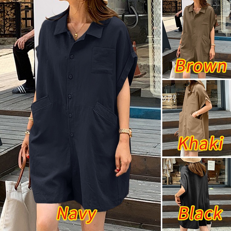 Áo liền quần ZANZEA ngắn tay có túi thời trang phong cách nữ tính