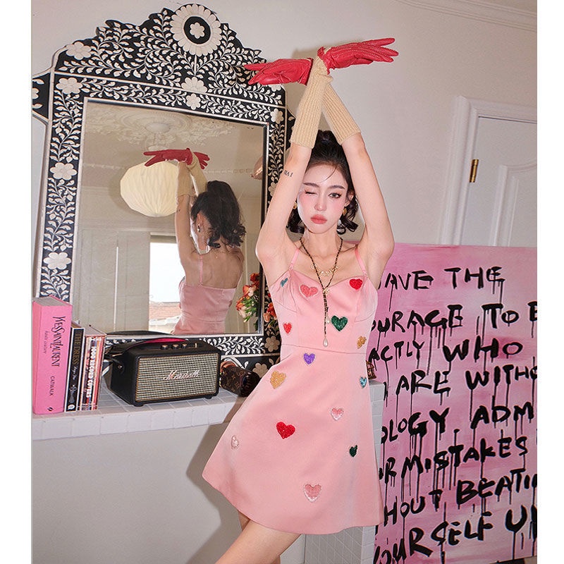 Color peach pink suspender dress