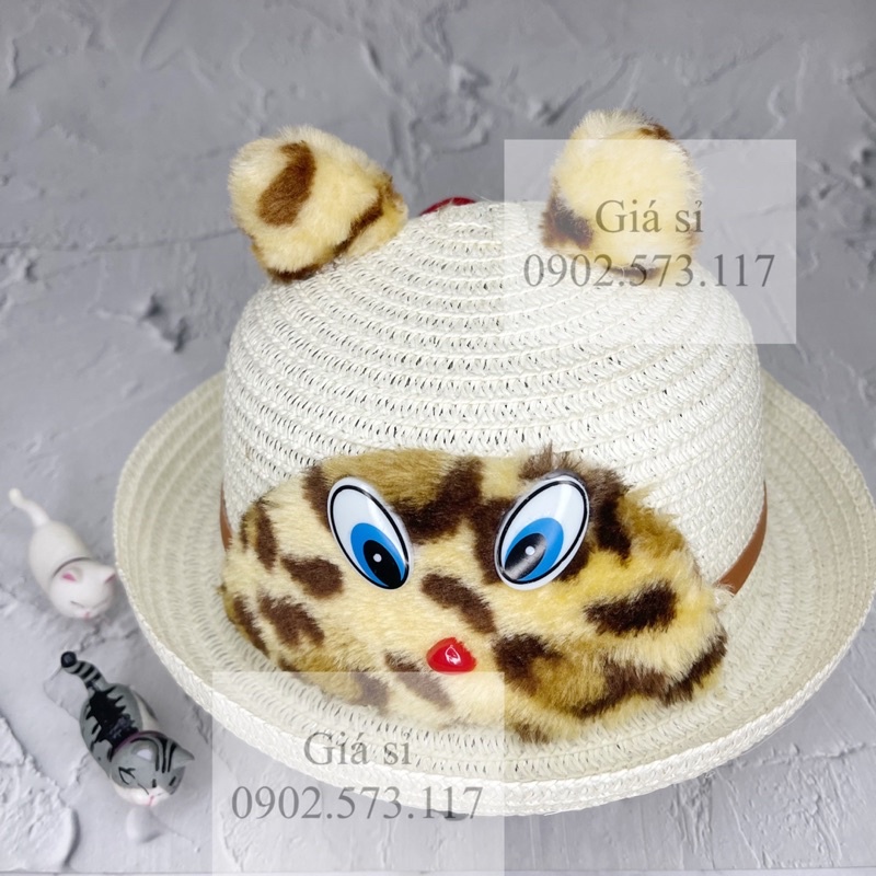 Nón bo cói vành cong đi biển cho bé dưới 5 tuổi hình BÁO ĐỐM 2 tai cute