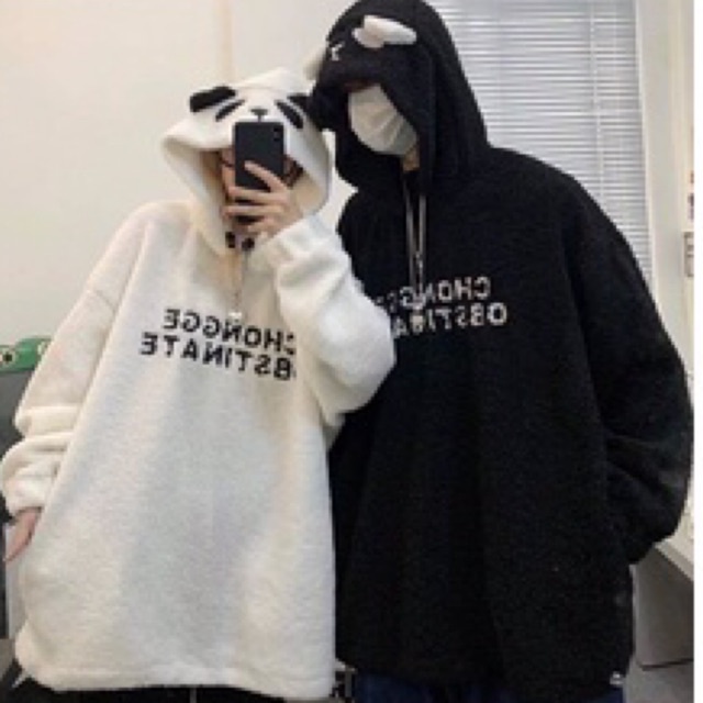 áo hoodie lông mũ tai gấu trúc panda thêu chữ ngực DH