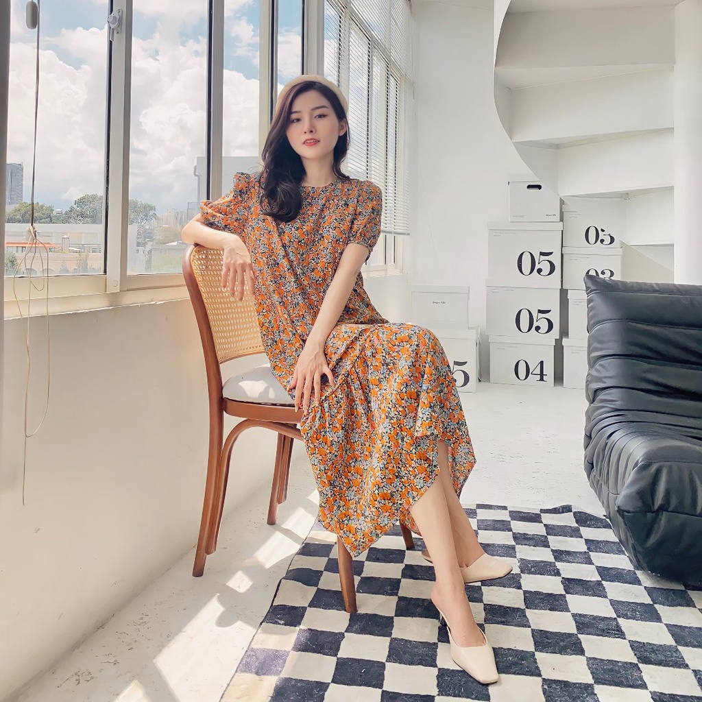 Váy maxi hoa nhí đuôi cá dáng dài – Đầm đi biển nữ form suông vintage V-ĐC2