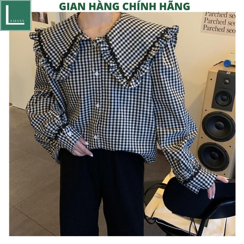 Áo Sơ Mi Nữ form rộng 2 mầu cổ sen kiểu dáng hàn quốc tiểu thư dễ thương đẹp dài tay ulzzang vintage -LAMASS