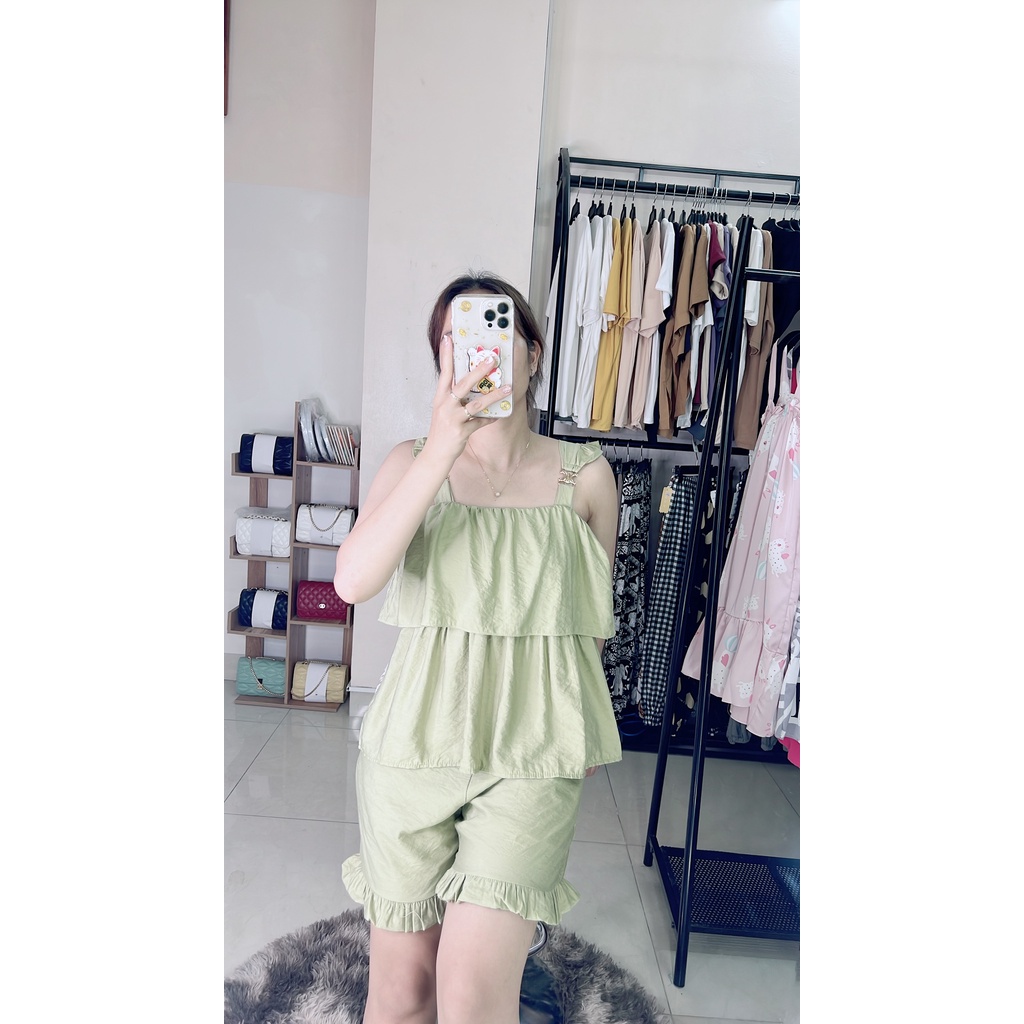 Bộ mặc nhà 2 dây bản to quần đùi mát mẻ, chất vải đũi nhẹ tênh lên dáng tiểu thư Minxu Shop SE03