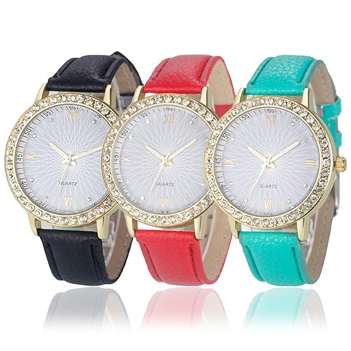 Đồng hồ số La Mã dây giả da đính đá lắp lánh cho nữ