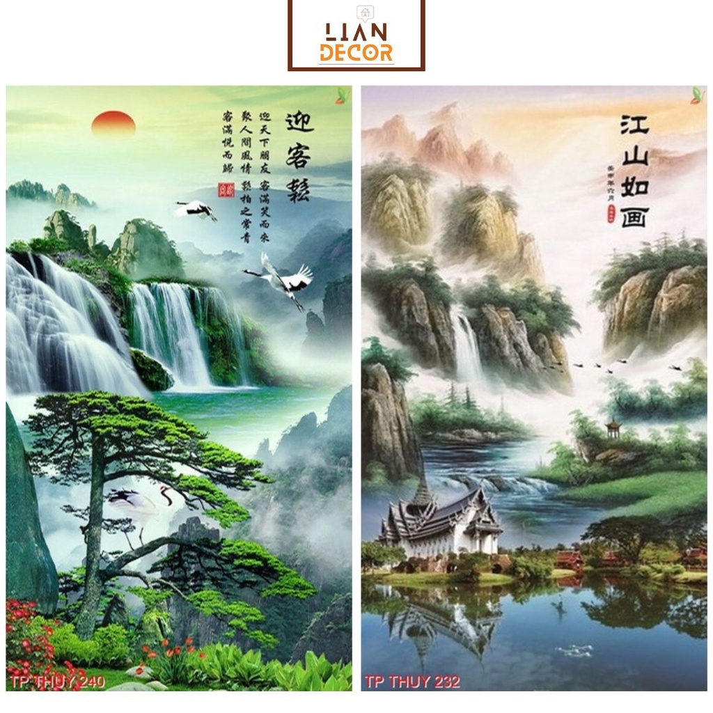Tranh dán tường 3D phong thủy thác nước, tranh phong cảnh, khổ dọc