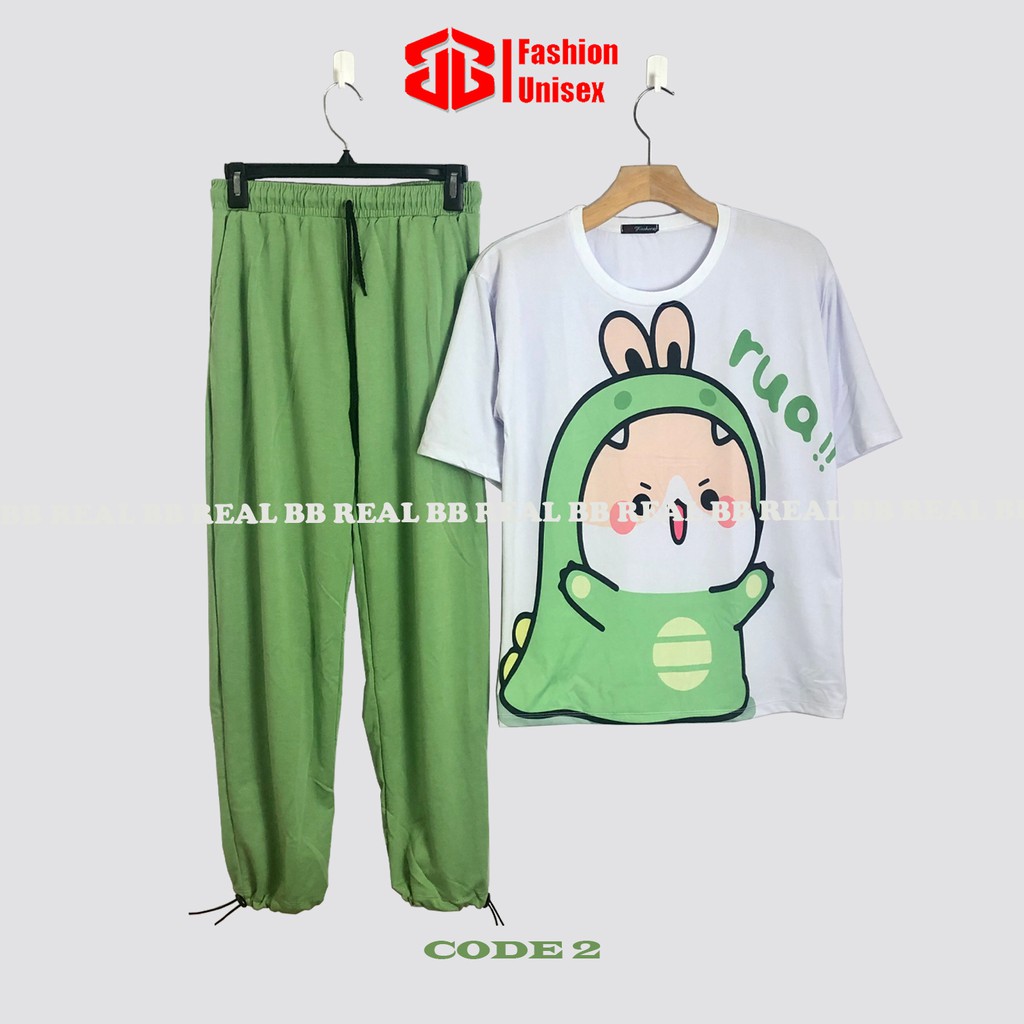 ĐỒ BỘ THUN DÂY RÚT - (Nhiều Mẫu) QUẦN XANH LÁ, ÁO CARTOON From Rộng Unisex , THOÁNG MÁT, Freesize DƯỚI 65KG - BB REAL