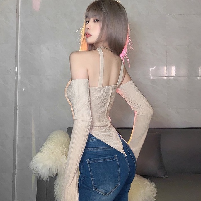 [AdorablexBeautiful] Áo Ống Tay Dài Cổ Yếm Trễ Vai Hở Lưng Nhiều Màu Phong Cách Sexy Quyến Rũ Ulzzang
