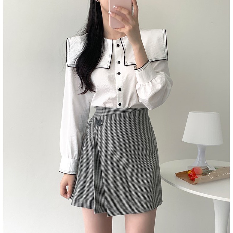 Áo Sơ Mi Nữ Tay Dài / Chân Váy Chữ A Lưng Cao Họa Tiết Chặn Màu Retro 30872