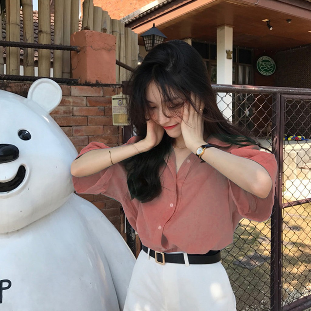  Áo Sơ Mi Tay Lửng Dáng Rộng Màu Trơn Thời Trang Hàn Quốc Cho Nữ200605 | BigBuy360 - bigbuy360.vn