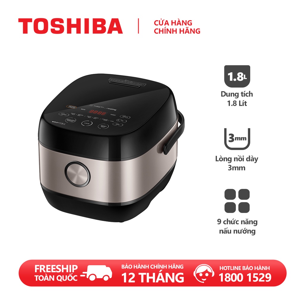 Nồi cơm cao tần Toshiba RC-18IX1PV - 1.8L-Lòng nồi dày 3mm chống dính-Cảm ứng nhiệt 3D-Hàng chính hãng bảo hành 12 tháng