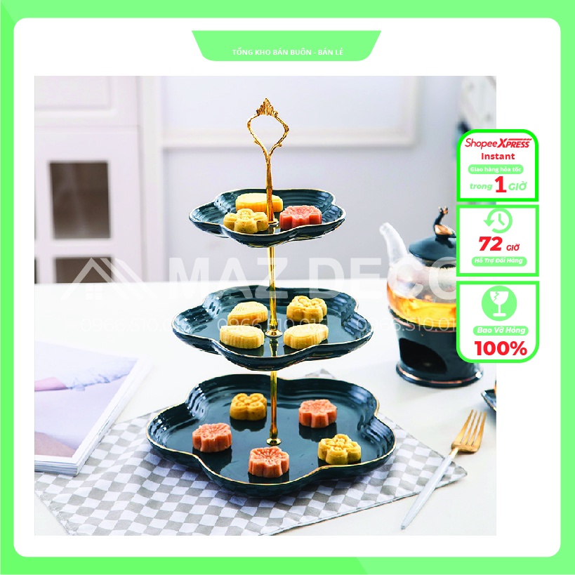 Giá sỉ đồ decor xuất dư Khay kệ đựng bánh kẹo hoa quả mứt Tết bằng sứ 3 tầng cao cấp sanh chảnh inox mạ vàng R06