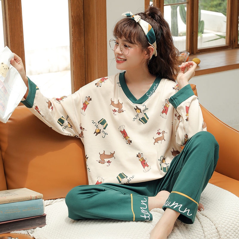 Bộ đồ❃₪Đồ ngủ nữ cotton dài tay Hàn Quốc giản dị mùa thu và mùa đông mặc mỏng mùa xuân và mùa thu hoạt hình dễ thương bộ