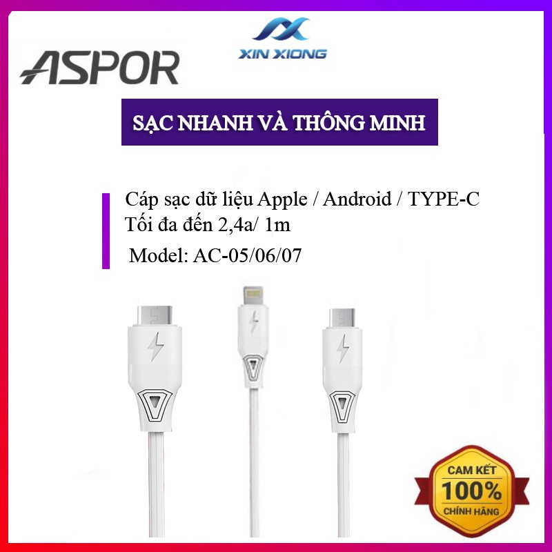 Dây Cáp Sạc/ chuyển dữ liệu ANDROID/APPLE/TYPE-C CHÍNH HÃNG GIÁ RẺ ASPOR 2,4A dài 1 mét