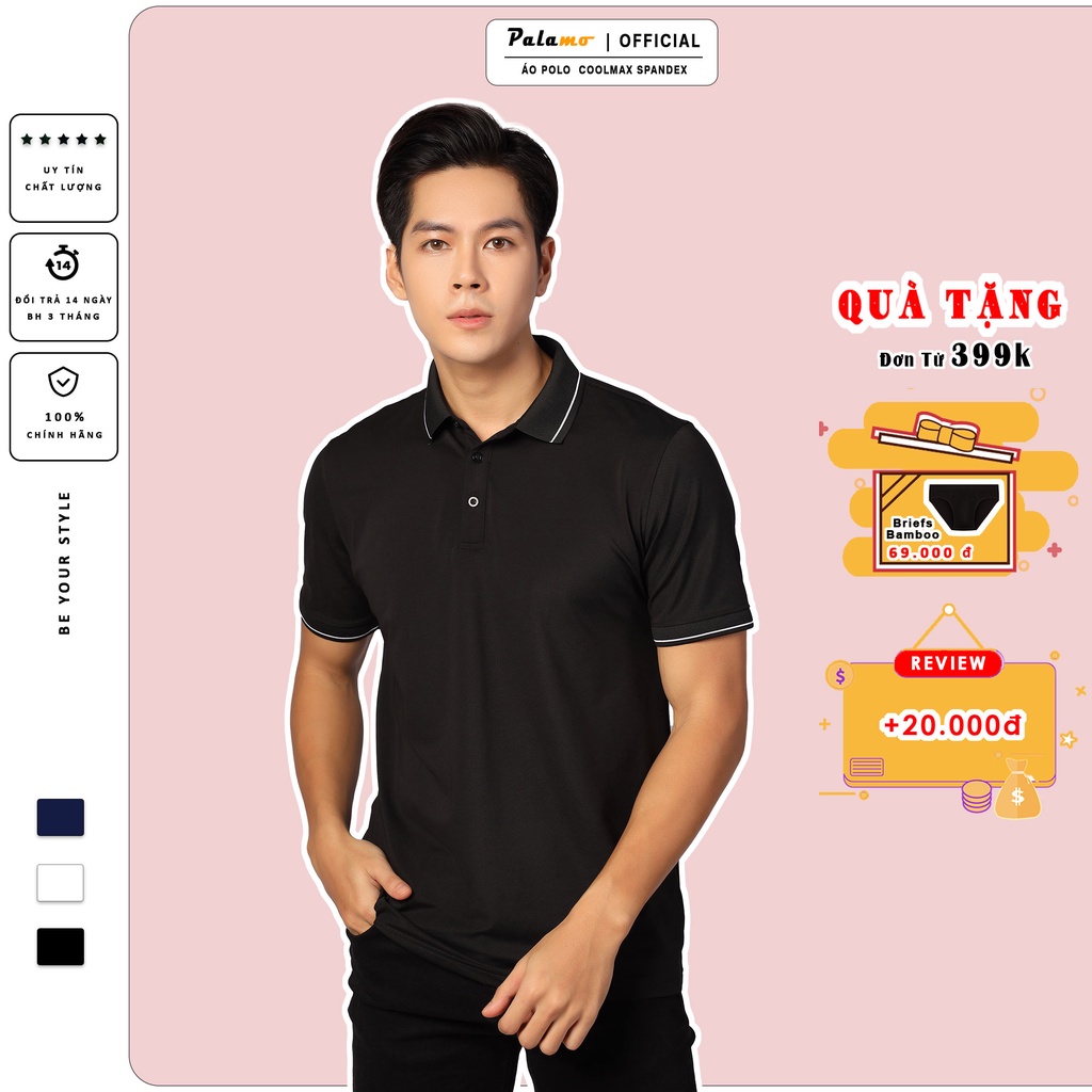 Áo thun polo nam coolmax siêu nhẹ PALAMO đen viền trắng chống UV phom regular fit