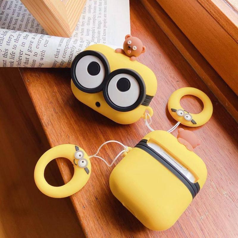 Vỏ Bảo Vệ Hộp Sạc Tai Nghe AirPods 1/2/Pro/3 Bằng Silicon Mềm Hình Minion Hoạt Hình Có Móc Khóa Chống Sốc