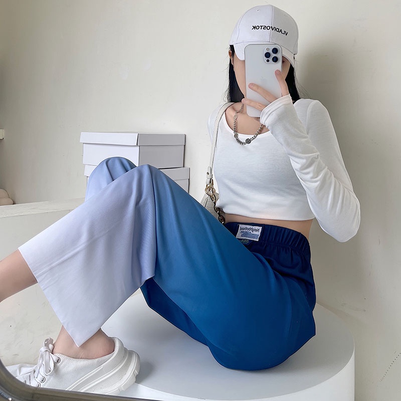 SUXI Quần ống rộng Lưng Cao Màu Gradient Phong Cách Retro Cho Nữ