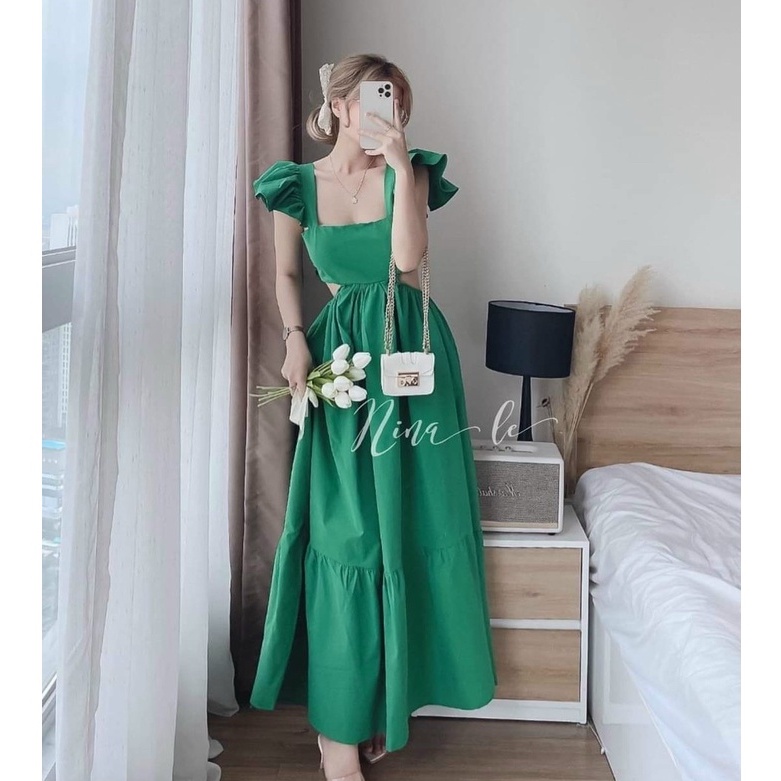 Đầm váy nữ maxi thiết kế bệt vai khoét eo váy xòe phối 5 màu sắc nhã nhặn sang chảnh hời trang nữ STCLOTHING