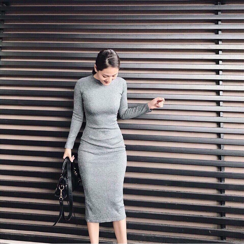 Váy body len tăm dài tay cổ tròn freesize dưới 55kg duyendell