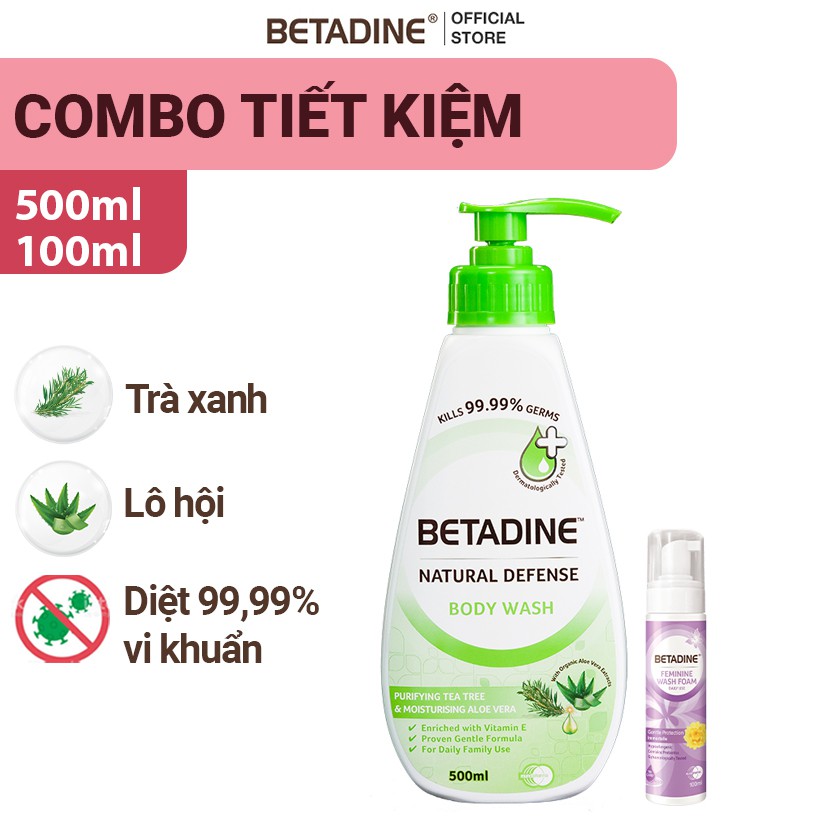 Bộ sữa tắm trà xanh lô hội Betadine diệt 99.99% vi khuẩn chai 500ml + Bọt vệ sinh phụ nữ Betadine Tím chai 100ml