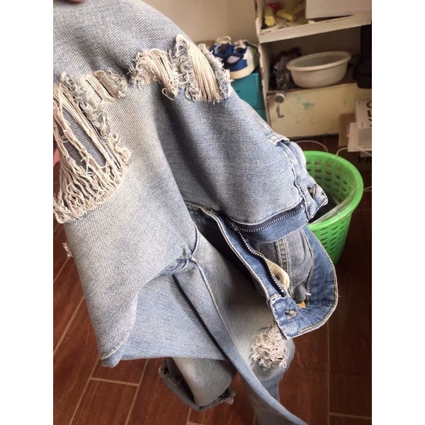 Quần bò jeans ống rộng suông rách tua rua vân màu xanh vintage bụi bặm hiphop unisex siêu chất ❤️