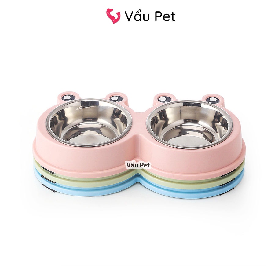 Bát Ăn Cho Chó Mèo 2 Ngăn Lòng Inox Hình Ếch - Bát Đựng Thức Ăn, Uống Nước Cho Chó Mèo Vẩu Pet Shop