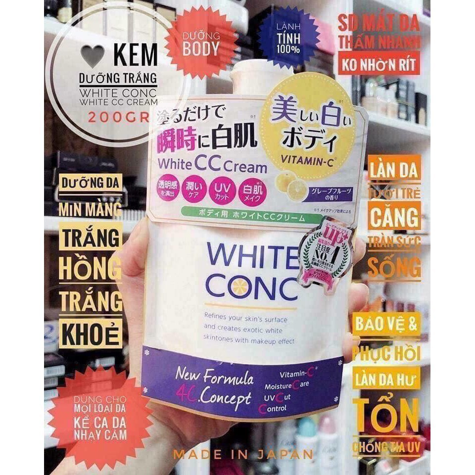 Kem Dưỡng Trắng White CC Cream White ConC dạng túi Nhật Bản, Dưỡng thể White Con CC cream 200g