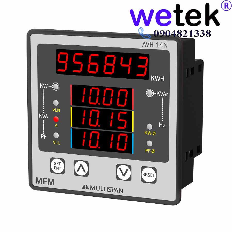Multispan AVH-14N Đồng hồ đa chức năng 3 pha (16 thông số), màn LED siêu sáng, chính xác 0.5, RS485, 100Vac~270Vac