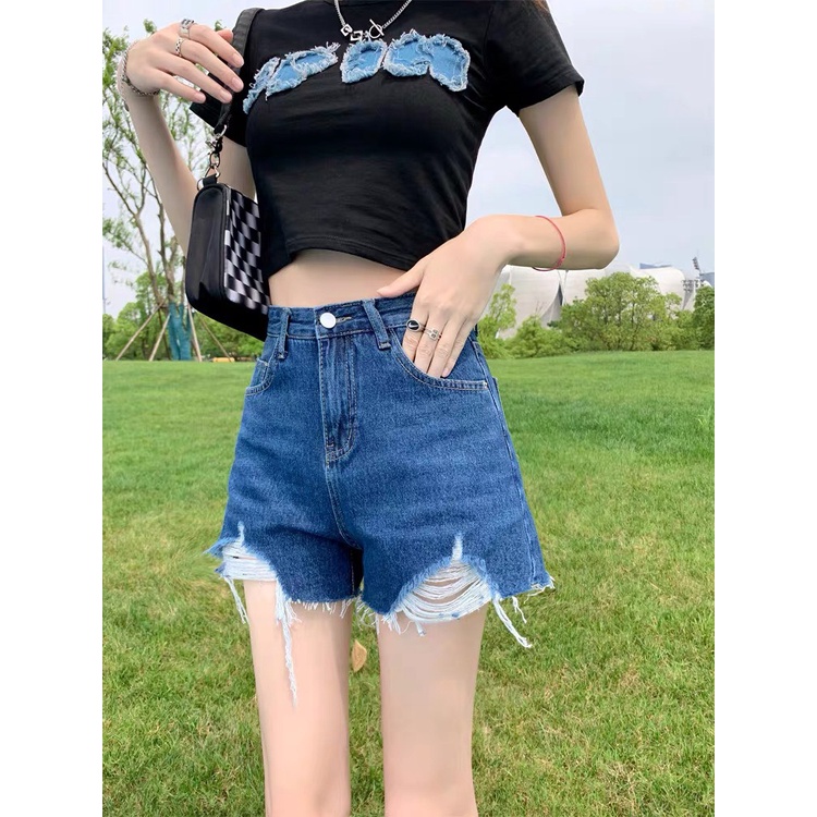 Quần short jean BigSize lưng cao trên rốn, co dãn mạnh, tua lai, màu Xanh rách bụi dành cho người mập 4342 MLJ 60kg-90kg