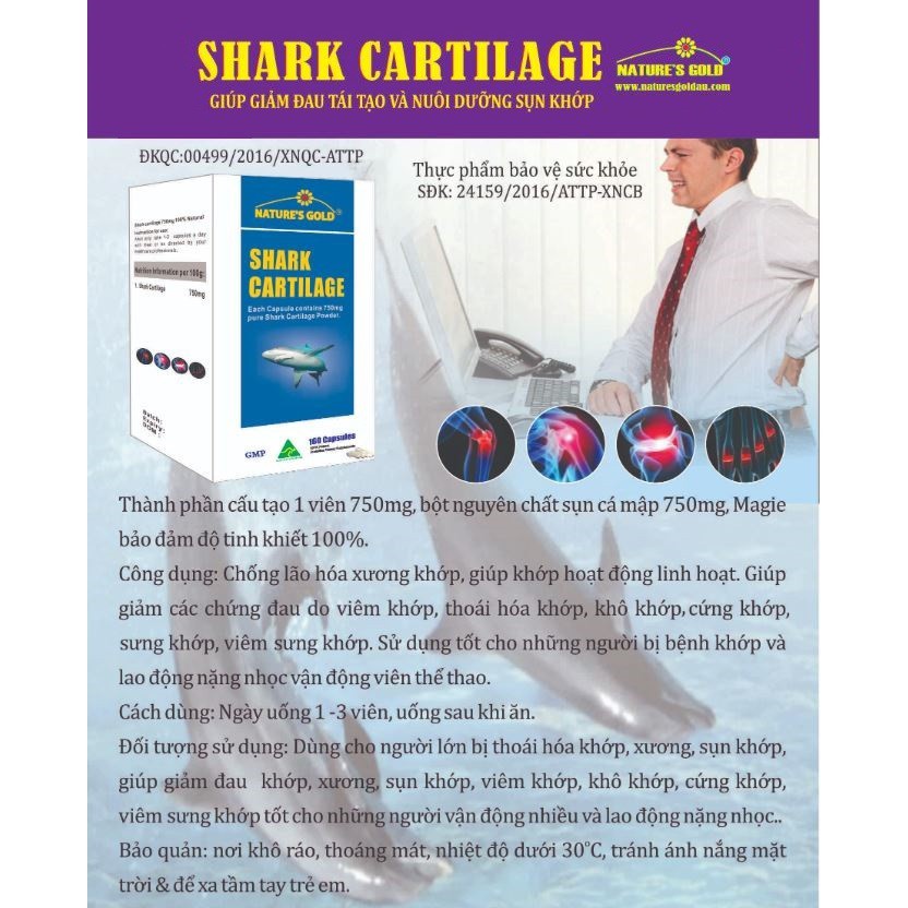 Viên uống Sụn vi cá mập Úc SHARK CARTILAGE 750mg Nature's Gold lọ 160 viên bổ khớp