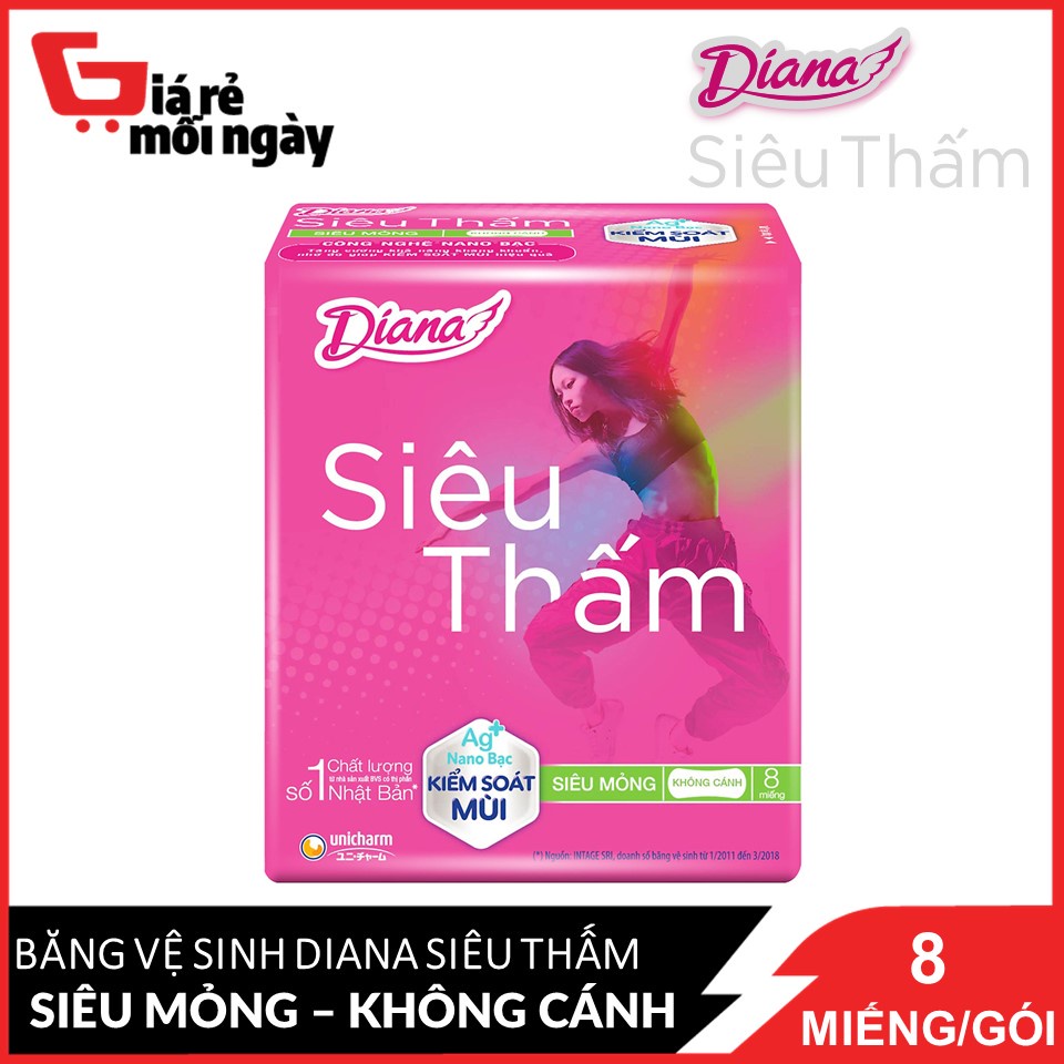 Băng vệ sinh Diana Siêu thấm siêu mỏng không cánh 8 miếng/gói