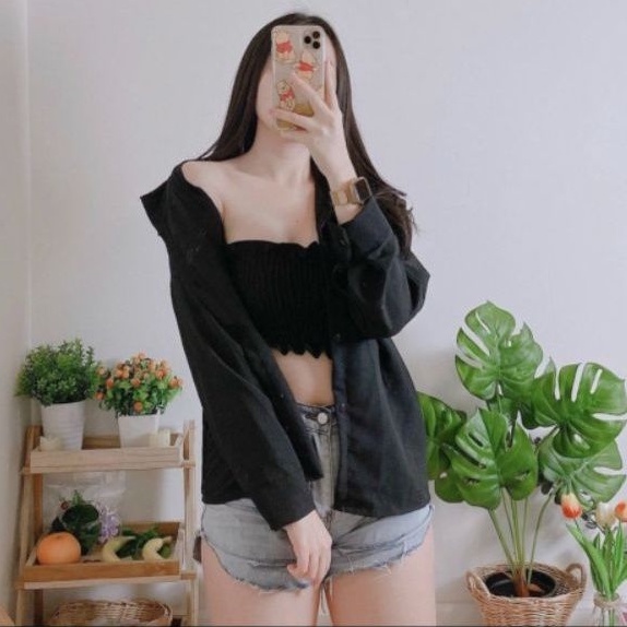 Sét áo sơ mi phôm rộng và áo ống nhún (2 món y hình)