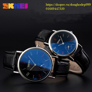[SIÊU RẺ] Đồng hồ đôi nam nữ em gái mưa SKMEI 9120 dây da mặt xanh quá đẹp