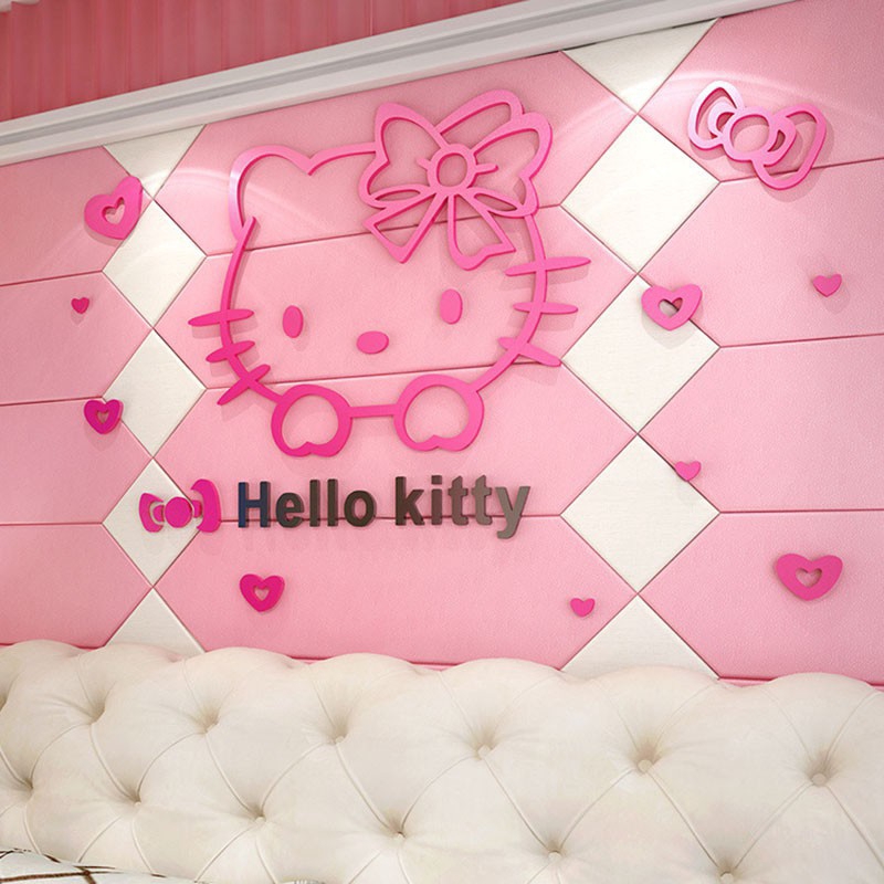 Đề can 3D hình Hello Kitty dùng trang trí phòng ngủ cho bé gái