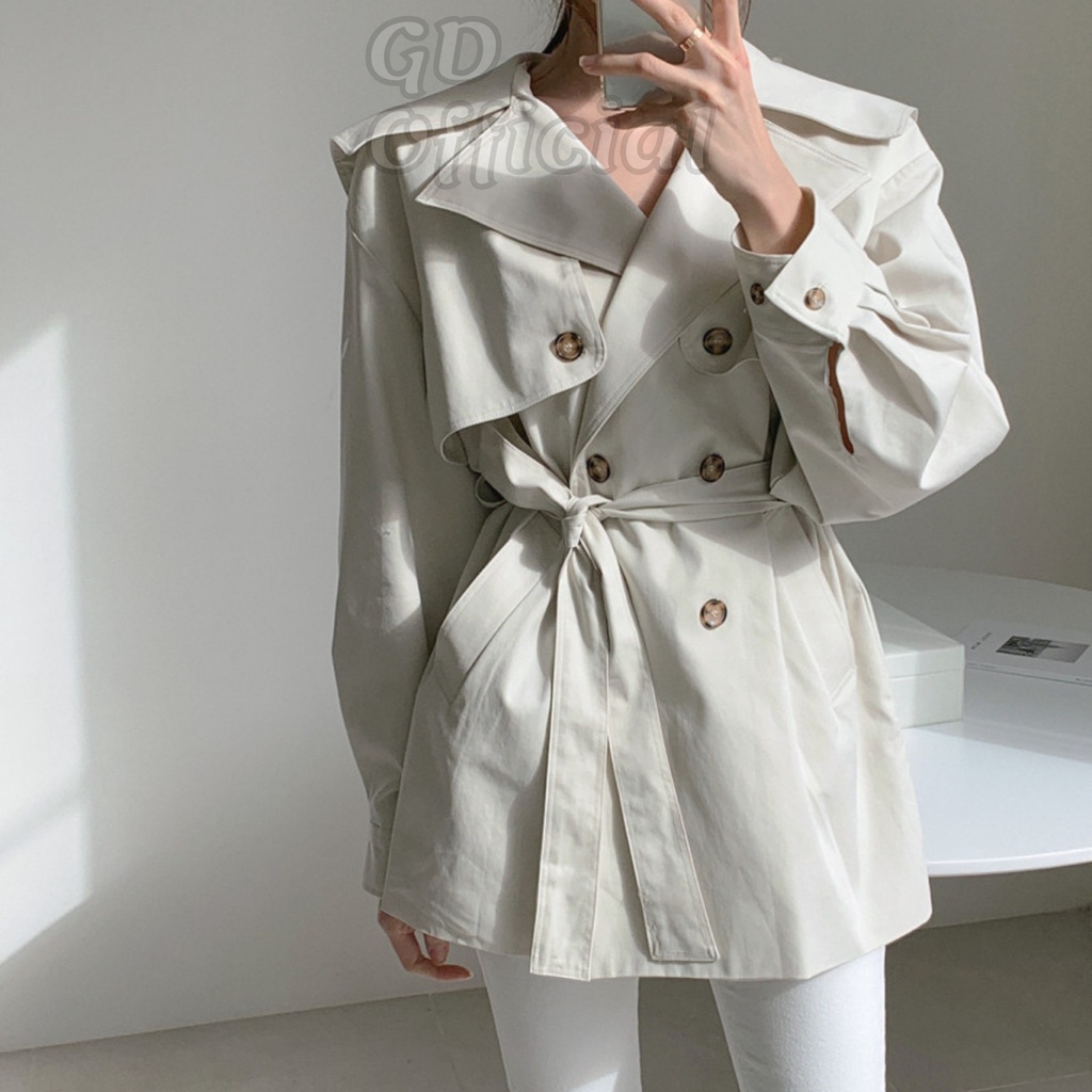 K37|Áo khoác gió nữ mangto sơ mi polo dáng vest ngắn blazer dài tay suông rộng buộc eo phồng trơn trắng GD Official