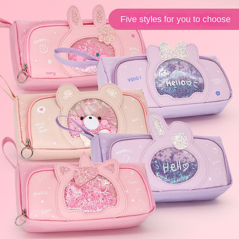 Large capacity cartoon pencil case girls' pink stationery storage bag girls' transparent window quicksand pencil case