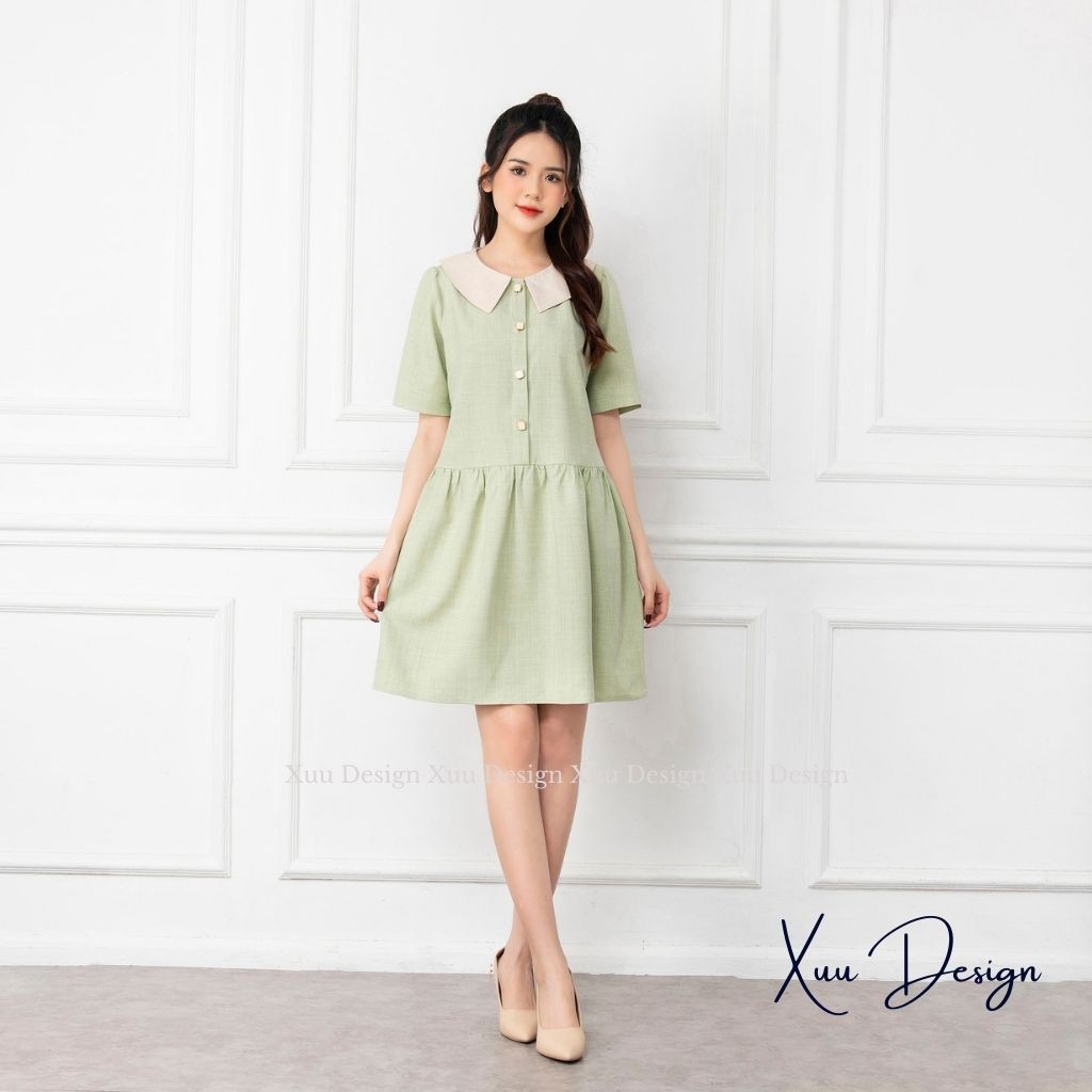 Váy babydoll tay ngắn cổ tròn, đầm suông dáng xòe nhẹ nhàng tiểu thư - Wexuu Design V05