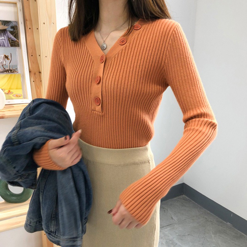 Áo sweater thời trang nữ tay dài cổ chữ V màu trơn
