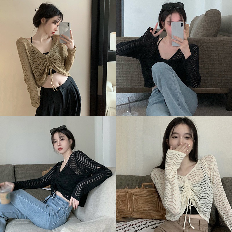Áo Croptop Dệt Kim Tay Dài Chống Nắng Màu Sắc Trơn Phối Dây Rút Phong Cách Vintage Hàn Quốc Cho Nữ