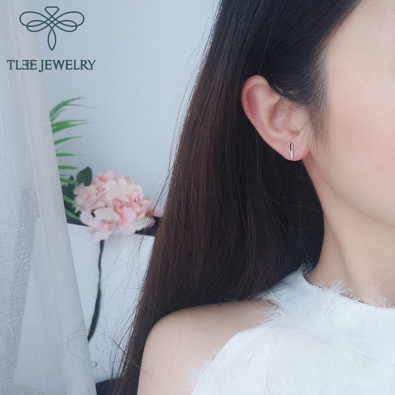 Khuyên tai bạc nữ TLEE thanh bạc nạm đá nửa xinh xắn TleeJewelry B0131