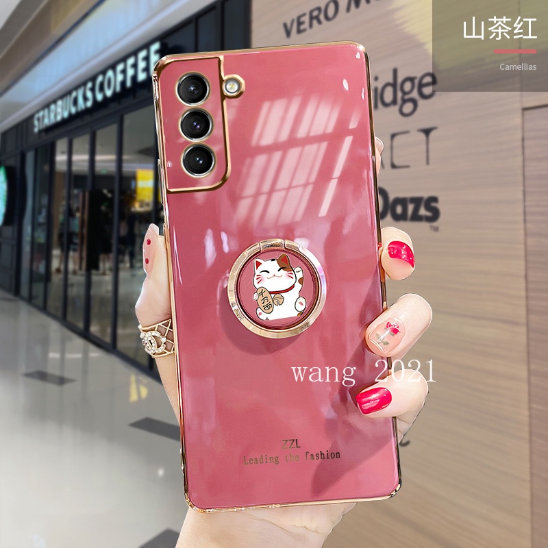 Ốp Điện Thoại Hình Mèo May Mắn Mạ Điện Màu Kẹo Kèm Giá Đỡ Nhẫn Cho Samsung Galaxy S22 S21 FE 5G + Ultra 5G