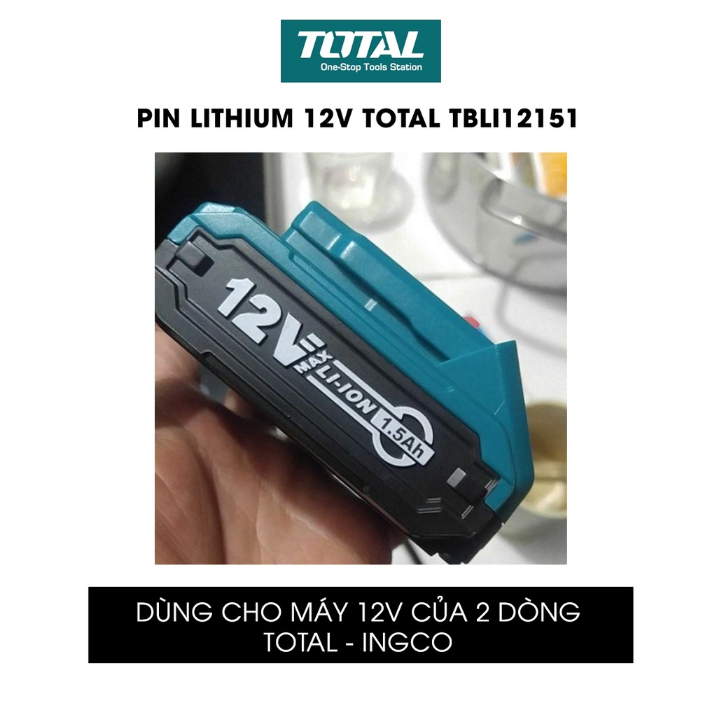 Pin Lithium 12V TOTAL TBLI12151 dung lượng pin 1.5Ah, pin có đèn LED hiển thị, dùng cho sản phẩm pin 12V TOTAL-INGCO