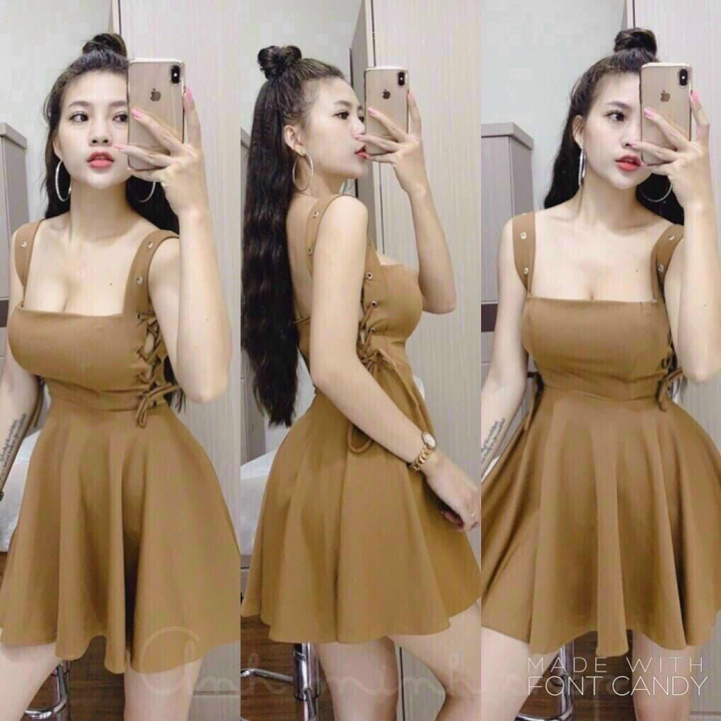 ĐẦM NỮ 2 DÂY PHỐI NÚT ĐAN DÂY CỰC SEXY KIỂU XÒE HACK DÁNG - HOTTREND 2022