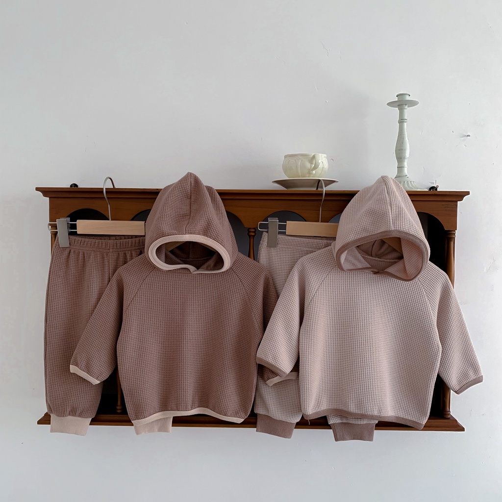 Set Đồ Mùa Đông 2 Món Gồm Áo Hoodie Cotton Tay Dài In Hình Waffle Thời Trang Hàn Quốc + 1 Quần Cho Bé