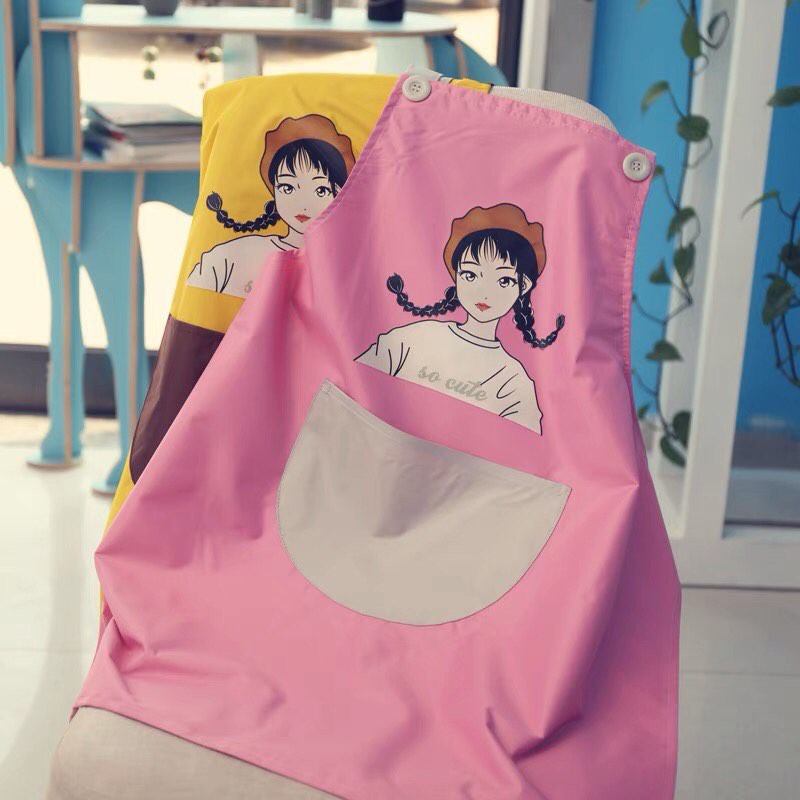 Tạp dề nấu ăn, tạp dề chống nước có túi đựng và lau tay hình cô gái phong cách Hàn Quốc