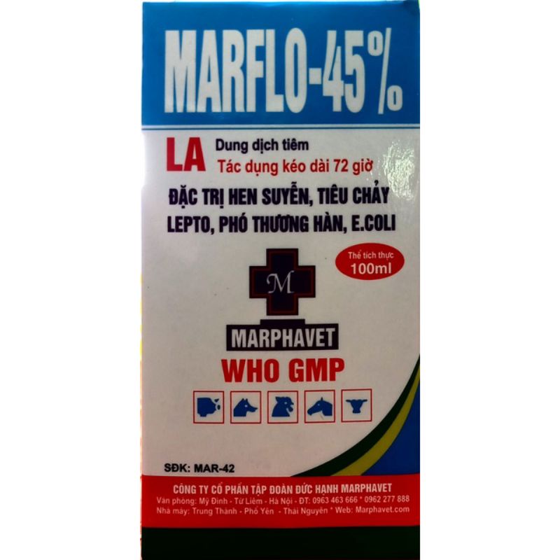 Marflo 45% flo 45 florfenicol hen suyến, tiêu cháy thương hàn, ecoli thú y chó mèo lợn heo gà vịt ngan trâu bò dê cừu