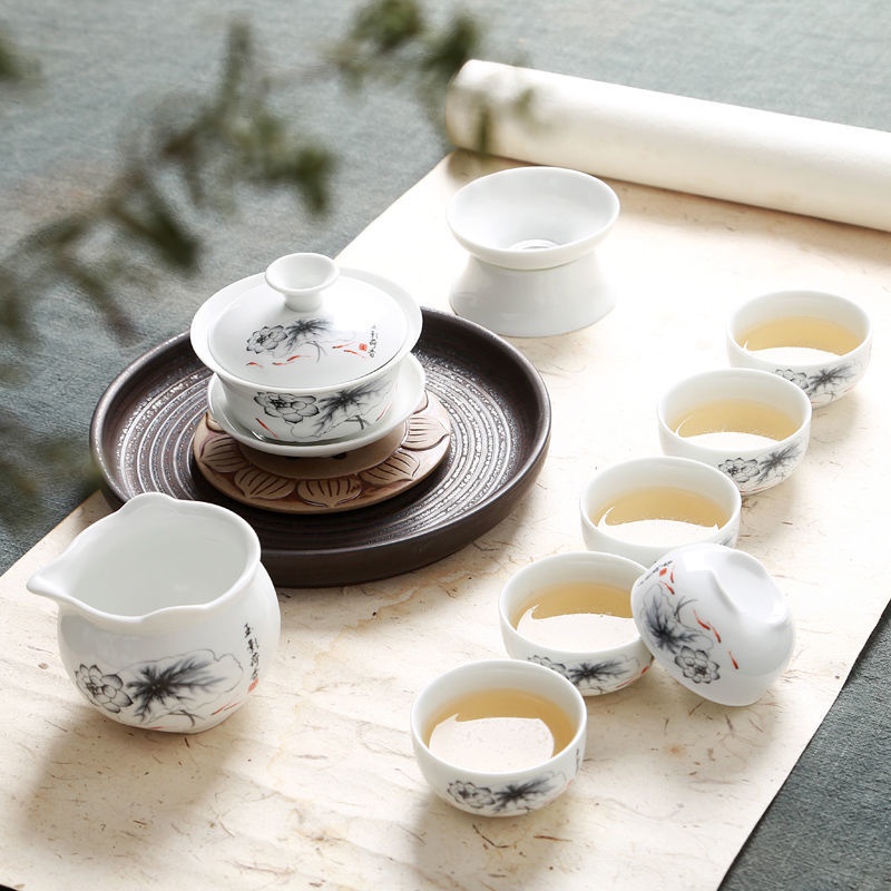 Bộ Ấm Chén Uống Trà Bằng Sứ Màu Trắng Có Nắp Đậy Tiện Dụng