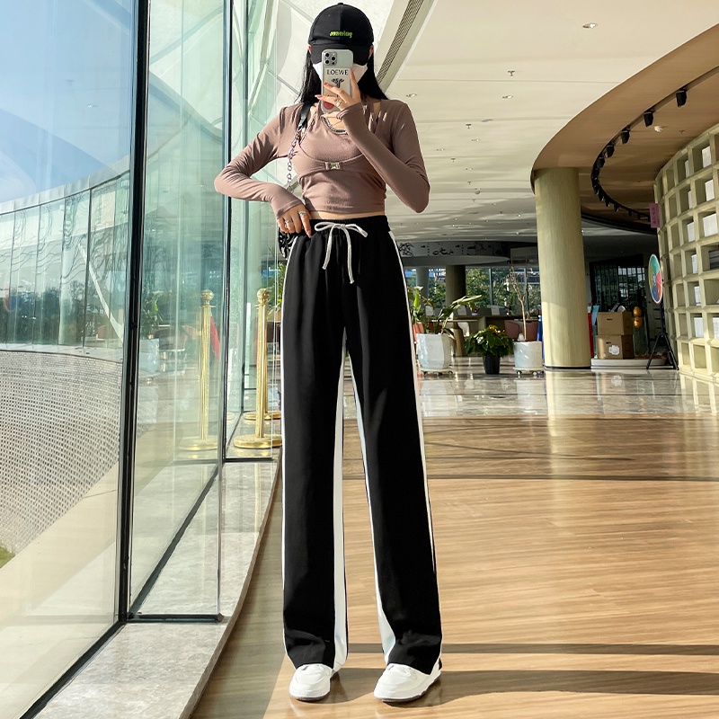 Quần Thể Thao Lưng Cao Ống Rộng Họa Tiết Kẻ Sọc Thời Trang Năng Động Cho Nữ