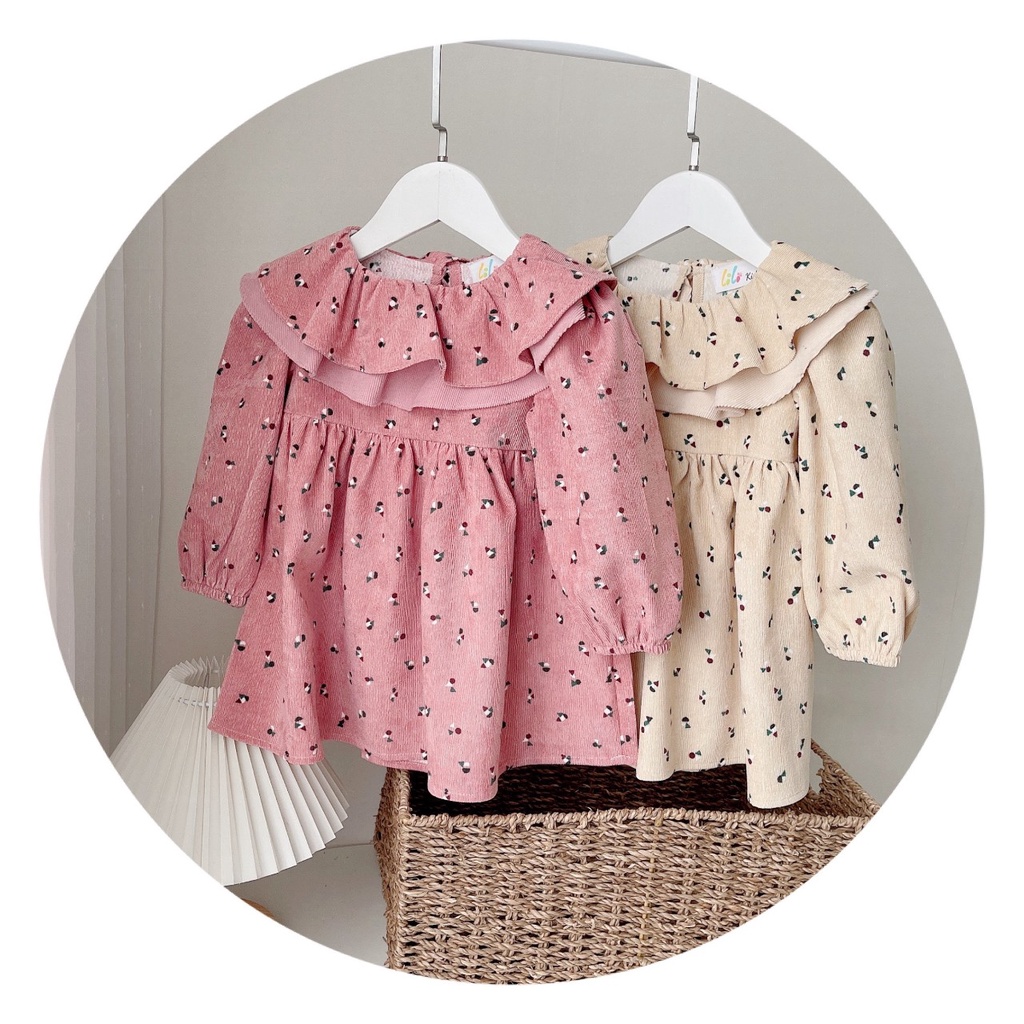 Váy Nhung tăm hoa nhí bèo cổ cho bé gái 9-21kg