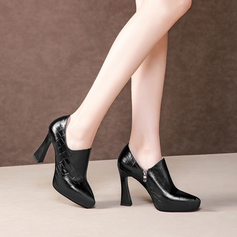 Giày Bốt Nữ Gót Cao Phối Khóa Kéo Cá Tính Thời Trang