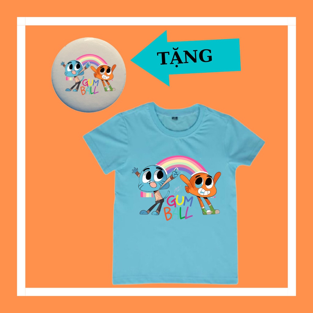 Áo thun trẻ em Gumball Darwin tay ngắn, đủ size áo, kèm huy hiệu Gumball